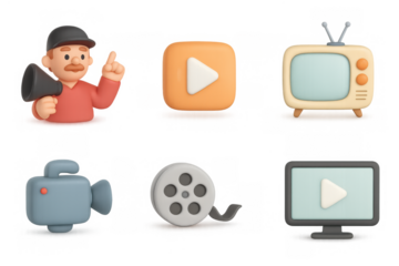Retro media icons: vintage tv, camera, and director in 3d clay style