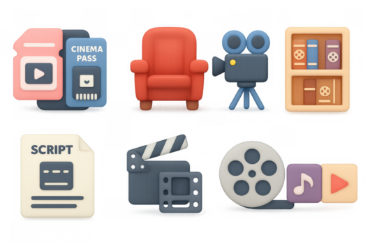 3d cinema icons set: film, script, clapperboard, chair, projector, reel, tickets