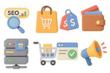 E-commerce and digital marketing 3d icons set for online shopping and analytics