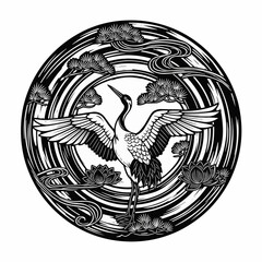 Japanese Crane Mandala Tsuru and Pine in Symmetry