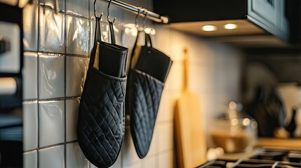 Kitchen gloves for baking hanging on a hook with oven mitt and apron, showcasing organized and safe cooking environment