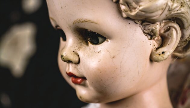 Close-up of a vintage doll's face, showing aged details and red lips.