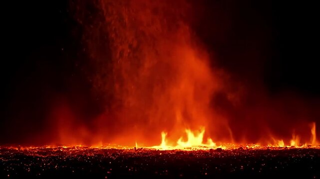 Fiery Eruption with Molten Lava and Sparks Falling from Volcano