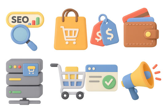 E-commerce and digital marketing 3d icons set for online shopping and analytics