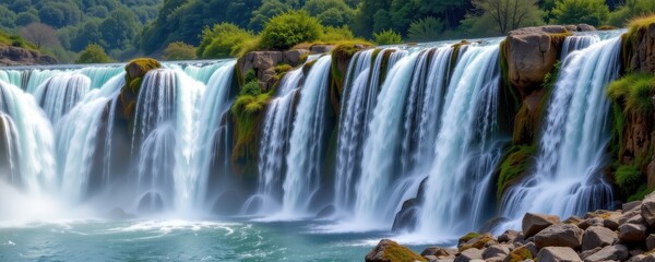 Fototapeta premium hydroelectric systems at waterfalls capture potential energy from elevated water and transform it into electricity reducing carbon footprint and promoting clean energy solutions worldwide.