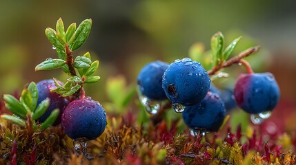 Dew drops adorn ripe blueberries on a mossy forest floor in the morning light
