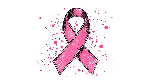 Hand-drawn pink awareness ribbon with paint splatters, A stylized, hand-drawn image of a pink awareness ribbon, evocative of a vintage or artistic style.