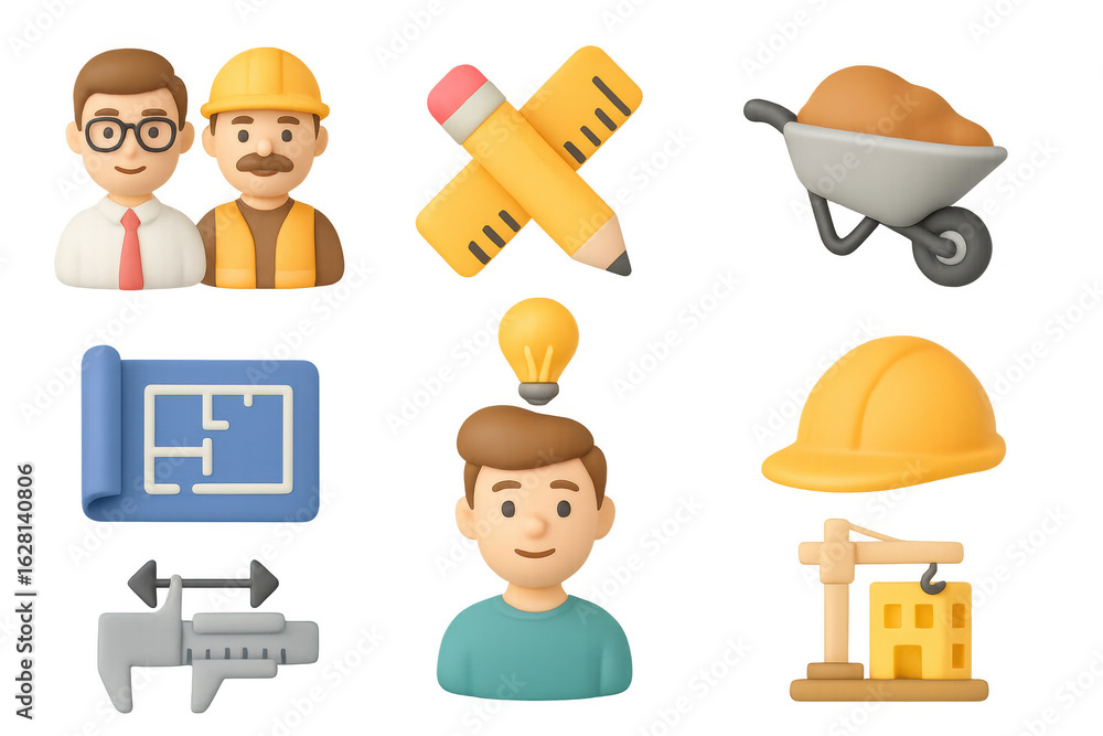 Poster colorful construction and engineering icons set with 3d characters and tools