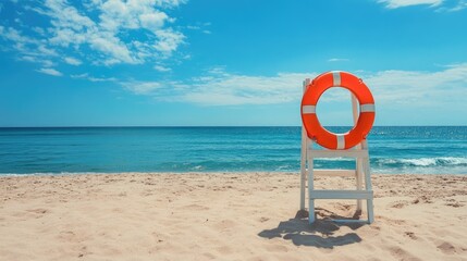 Lifeguard stand equipped with orange life jacket and white rubber ring on sandy beach