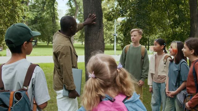 Zoom in shot of African American gen Z male teacher telling diverse gen alpha children about tree structure during educational activity in park