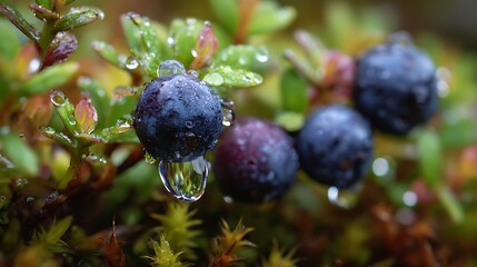 Dewdrops on wild blueberries in a mossy forest setting
