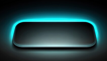 Dark rectangle with neon teal border.