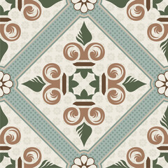 Elegant vintage-inspired geometric floral tile pattern in earthy brown, green, and teal tones, perfect for wall art, flooring, or decorative surface applications.