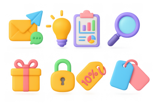 Colorful 3d cartoon style icons for business and marketing concepts - Powered by Adobe