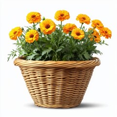 Fototapeta premium Scalloped rattan pot with marigold isolated on transparent background