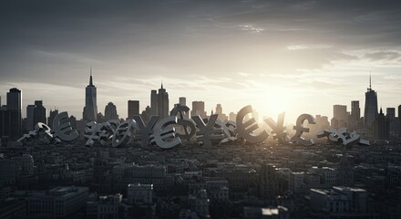 Currency symbols over a cityscape at sunset creating a financial skyline