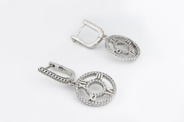 Luxury silver round earrings big jewelry for women isolated on white background, clipping path included