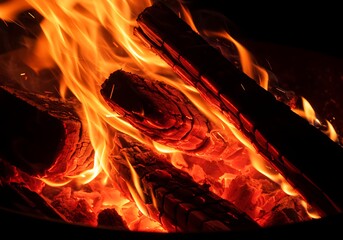 A closeup of a roaring campfire with burning logs and bright flames