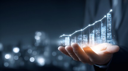 Finance-driven smart city glowing in a businessman is hand with digital trend lines and market growth projections