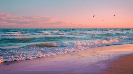 Obraz premium Soft waves lapping against a deserted sandy beach, pastel pink and blue sky at sunset, seagulls gliding peacefully in the distance