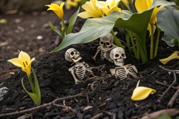 Spooky skeletons emerge from garden amongst yellow flowers