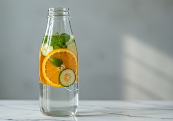 Bottle of detox water with orange, cucumber, and mint on table