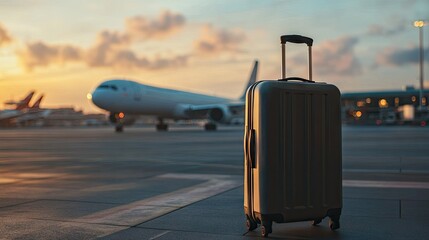 Modern suitcase standing upright on the airport tarmac with a passenger plane in the background ready for boarding