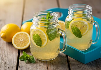 Two glasses of refreshing homemade lemonade with lemons and mint on wood