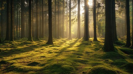 Obraz premium Moss-covered ground in a quiet forest clearing, bathed in golden morning light and surrounded by tall pine trees