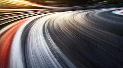 Motion-blurred S-curve section of a race track, shot from low angle with speed lines emphasizing forward momentum and tension