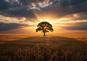 A lone tree stands silhouetted against a vibrant sunset in a wheat field