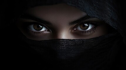 Naklejka premium Mysterious eyes barely visible, peeking through deep shadows on a dark background, evoking intrigue and secrecy