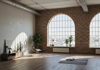Bright and spacious loft apartment with brick wall and large arched windows