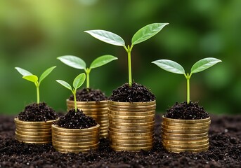 Young plant growing from coins stack for business and finance concept
