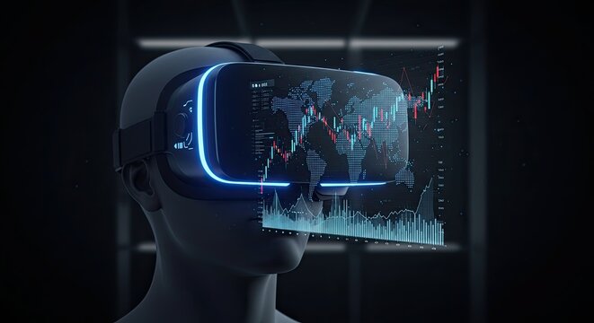 Virtual reality headset displaying global stock market data and world map - Powered by Adobe