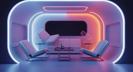 A futuristic room with levitating furniture in zero gravity, illuminated by vibrant blue and orange neon lights.