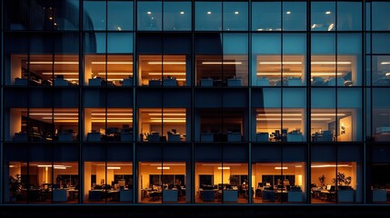 Office building lit from within during nighttime, with warm interior lights revealing silhouettes of desks and chairs