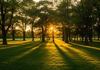 Golden sunset shining through trees in a park casting long shadows on grass