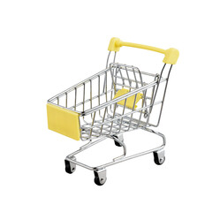 Yellow cart toy is like a shopping cart in a supermarket. Symbols buy, sell, shopping or material...