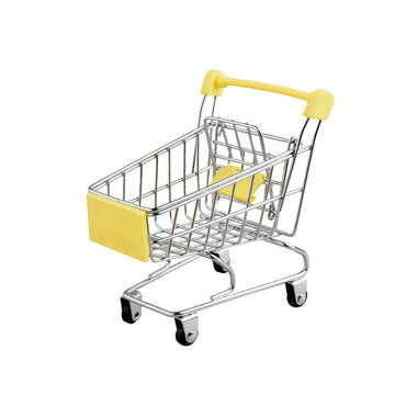 Yellow cart toy is like a shopping cart in a supermarket. Symbols buy, sell, shopping or material for creativity ideas. Isolated, Isolated on white background in full depth of field with transparent.