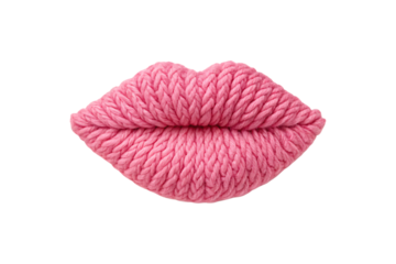 Pink knitted lips shaped like pouty mouth with chunky yarn texture detail, isolated on a transparent background