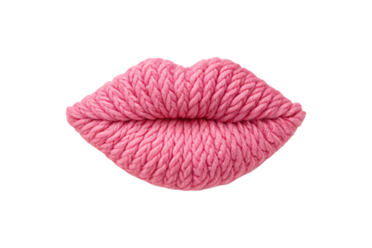 Pink knitted lips shaped like pouty mouth with chunky yarn texture detail, isolated on a transparent background