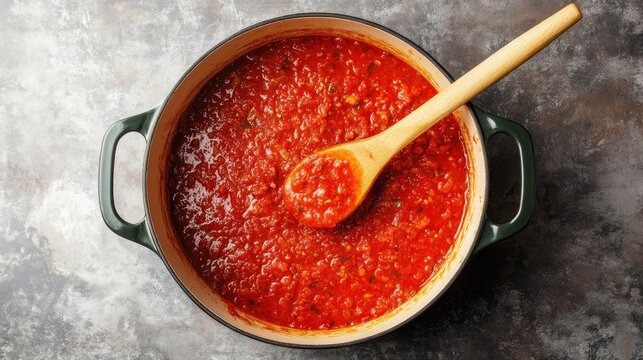 Overhead shot looking into a pot filled with thick red sauce, gently stirring with a wooden spoon during cooking