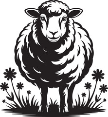 Silhouette Sheep Vector Illustration with Flowers for Farm and Nature Designs