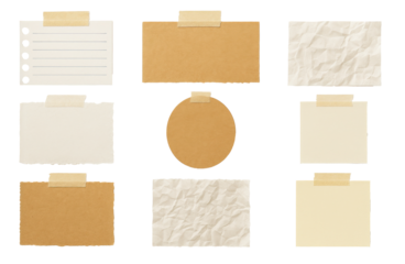 the image shows a set of nine small, individual paper pieces arranged in a grid pattern against a blank backdrop. each piece is affixed with strips of adhesive paper