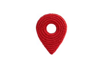 Red knitted location pin with hollow center and traditional GPS marker teardrop design, isolated on a transparent background