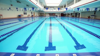 Fototapeta premium Inviting indoor swimming pool with clear water and lane markers creating a sense of calm.
