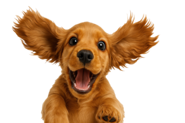 the image showcases a light brown canine with an enthusiastic expression, set against a plain backdrop