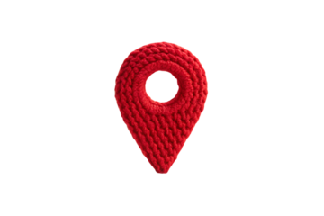 Red knitted rope-textured location pin marker with circular opening, slightly different angle view, isolated on a transparent background