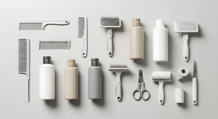 A flat lay of various pet grooming supplies including brushes combs bottles and cleaning tools on a grey surface